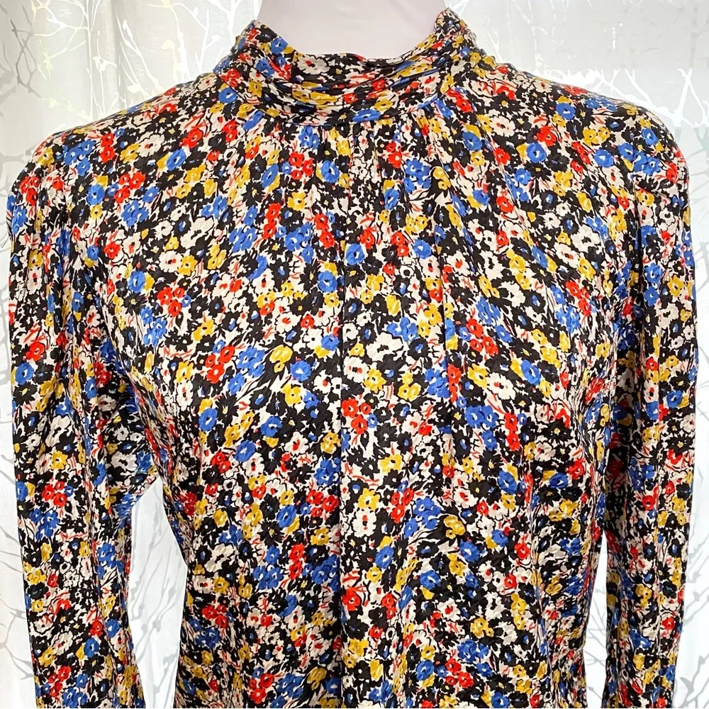 Veronica Beard mena black white red floral print neck tie silk blouse top - Picture 7 of 16